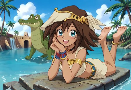 masterpiece, best quality, absurdres, 4k, 8k, (anime coloring, anime screencap, megami magazine:1.3), retro artstyle, Tick Tock crocodile(view from away of Mana),fat,giant,male animal,animal,open large mouth ,green skin, blushing,blue eyes, Tick Tock the crocodile is giant and very huge size,teeth,look viewer,smile, happy,Tick Tock the crocodile swimming in the water,his head exposed,belly exposed,Tick Tock the crocodile head exposed and emerged in the water river.
Mana, 1girl, dark skin, score_8_up, score_7_up, brown hair, light smile, Egypt <lora:ManaSDXLPony-8-8-c-Test:0.9>, cute pose, full body, anklet, belt,2000s \(style\), , necklace, bracelet, wristband, choker, sleeveless, blushing,parted lips,(smile, happy),looking at viewer, smug, barefoot, anklet,Mana is her verry little size, jewelry,Mana is her lying on stomach,feet, barefoot,foot_focus,Mana is her lying on stomach on the head of Tick Tock the crocodile.
Palm_trees, egyptian,egypt,nile_river,vegetation,river water,trees,m, stone building, egypt_background colorfull,
(Disney),(manga_anime)