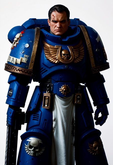 <lora:WH40K_Titus-PONY:0.9> whtitus, mature male, facial scar, black hair, black eyes, solo, ultramarine, emblem, pelvic curtain, pauldrons, power armor, cowboy shot, white background, absurdres, score_9_up, score_8_up, score_7_up, score_6_up, score_5_up, score_4_up, Source: Warhammer40K, chainsword