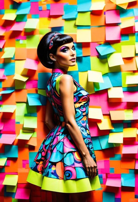 Jed-StickyN, Score_9, score_8_up, score_7_up, (masterpiece),(1character), semi side view, (beautiful:1.4), (stJed-StickyN dress), psychedelic swirls, vibrant hues, bold patterns, power fashion, swinging sixties, Retro Vogue Cover, kaleidoscopic dreams. highly intricate, 60s, hyper detailed, photorealistic, (black elbow gloves), dim128/128test. (writing on Jed-StickyN:2).