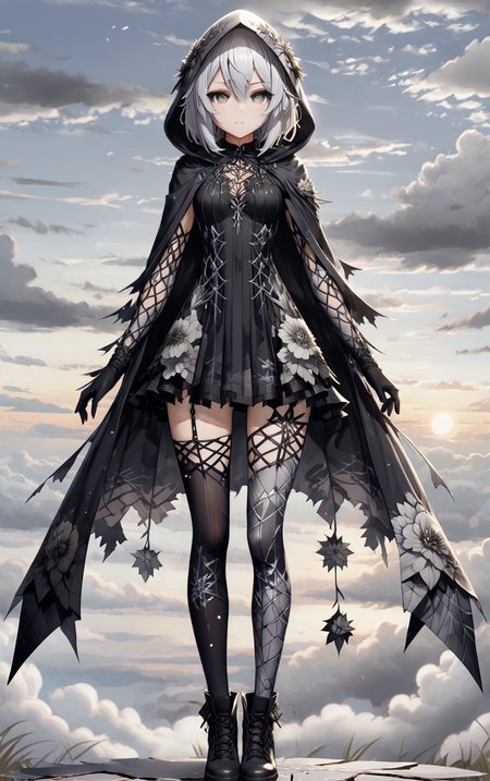 ShatteredCloth,1girl,solo,breasts,looking at viewer,short hair,bangs,hair ornament,gloves,dress,hair between eyes,closed mouth,standing,full body,flower,white hair,pantyhose,boots,outdoors,sky,black gloves,cloud,hood,black footwear,grey eyes,expressionless,cloudy sky,cloak,hood up,arms at sides,hooded cloak,black flower,shattered effect on pantyhose,
, <lora:add-detail-xl:0.8> <lora:ShatteredCloth:0.6>