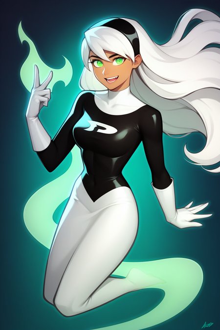 score_9, score_8_up, score_7_up, score_6_up, score_5_up, source_anime, smooth_anime,
danny_phantom, 1girl, solo, green_eyes, white_hair, hairband, long_hair, 
1girl, solo, green_eyes, gloves, long_hair, open_mouth, smile, white_hair, breasts, white_gloves, dark_skin, hairband, looking_at_viewer, dark-skinned_female, v, :d, medium_breasts, black_hairband, teeth, multicolored_hair, upper_teeth, glowing, hand_on_hip, long_sleeves, ghost, black_hair, ghost_tail, very_long_hair, two-tone_hair, bangs, grey_background, w, dress, simple_background, bodysuit, skin_tight, impossible_clothes, floating_hair, gradient, large_breasts
<lora:Danny_Phantom_SDXL:1>