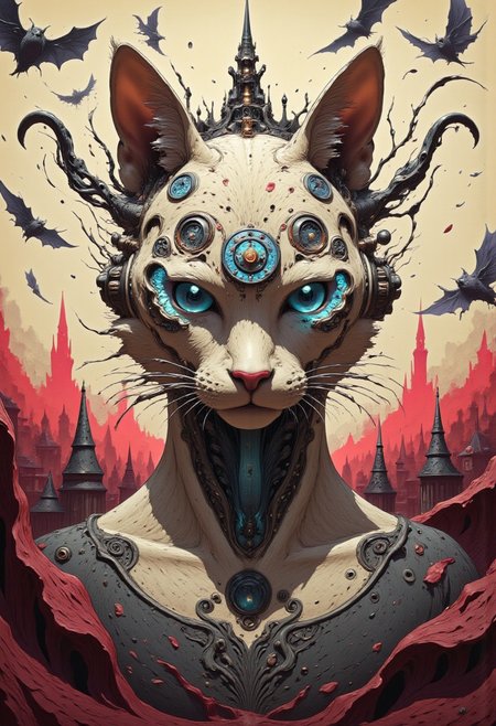 The image depicts a striking hybrid character at its center: a feline head adorned with intricate, gothic architecture rising from its crown, seamlessly merging with a mechanical, clock-like device embedded within its right eye. The cat’s fur is a soft ivory white with streaks of crimson, suggesting both elegance and a sinister undertone. The mechanical components extend along its neck, interweaving wires and gears into the organic structure, while its left eye glows an intense, otherworldly blue, evoking a supernatural essence.
Surrounding the central figure, shadowy bats flutter chaotically, their wings creating a sense of movement and unease. The background is a blend of muted sepia tones and deep reds, resembling a weathered canvas splattered with blood. Gothic spires and broken clock mechanisms float in the midground, contributing to the surreal fusion of fantasy and steampunk. Fine cracks run through the architecture and the mechanical parts, enhancing the theme of decay and forgotten grandeur.
The atmosphere of the image exudes a dark fantasy and horror vibe, blending gothic aesthetics with steampunk elements. It feels otherworldly, evoking a sense of timelessness and eerie beauty, as though it belongs to a forgotten realm where magic and machinery collide. The mix of shadowy details and vibrant highlights amplifies the haunting yet mesmerizing tone of the artwork.