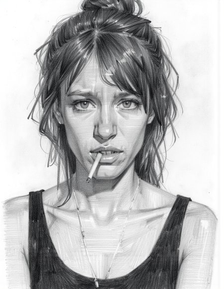 Sketch of a women looking at viewer, tired, messy hair, smoking a cigarette, black dress, mascara,  unamused expression, face close up, 
 <lora:PencilSketch_Style - FLUX:1> pencil sketch style