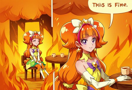 score_9, score_8_up, score_7_up, 2koma, comic, fire, sitting, speech bubble, burning, table, chair, cup, <lora:ThisIsFine_pdxl_Incrs_v1:1>, curetwinkle