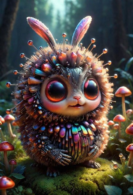 Mix the glowing-mushrooms, bunny and curly fur to create adorable magical ladybug with big glowing eyes, masterpiece, Surrealism, close-up, macro photo, f/1.2, backlighting, Albert Edelfelt, multicolored hair