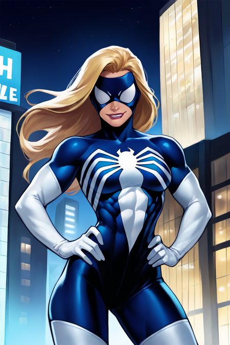 masterpiece, best quality, highres, extremely aesthetic, juliacarpenter, 1girl, solo, long hair, blonde hair, mask, covered eyes, domino mask, lipstick, medium breasts, muscular female, blue bodysuit, multicolored bodysuit, spider print, skin tight, white gloves, elbow gloves, thigh boots, hands on own hip, looking at viewer, smile, standing, cowboy shot, outdoors, city, building, night, night sky <lora:Spider-Woman (Julia Carpenter) v1.0 [LoRA] - NoobAI-XL EPS 1.0:0.8>