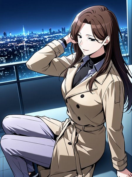 <lora:Omniscient_Readers_Viewpoint__Lee_Sookyun:1>
1 girl, solo, long hair, brown hair, straight hair, center parted hair, black eyes, mature female, 
beige trench coat, long coat, double breasted coat, tied waist belt, black undershirt, navy dress shirt, lavender pants, white slip-on shoes,
score_9, score_8_up, score_7_up, very aesthetic, source_anime, detailed, high quality, beautiful, masterpiece, detailed eyes, night, illuminated city background, blurry background, cityscape, pose dynamic angle, light smile, open mouth, hand on hair, sitting