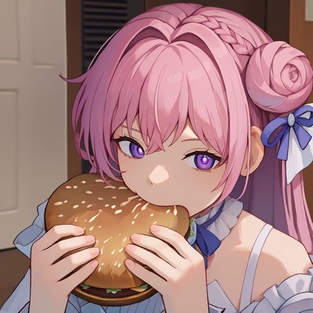 score_9, score_8_up, score_7_up, score_6_up, source_anime BREAK 1girl, <lora:jermawhopper-pdxl-nvwls-v1-000005:1> jermaWhopper, eating, burger, looking at you, upper body  <lora:dorothy-nikke-richy-v1_pdxl:1> dorothydef, pink hair, long hair, hair bun, braid, purple eyes, hair ribbon, hair ornament, purple ribbon, white dress