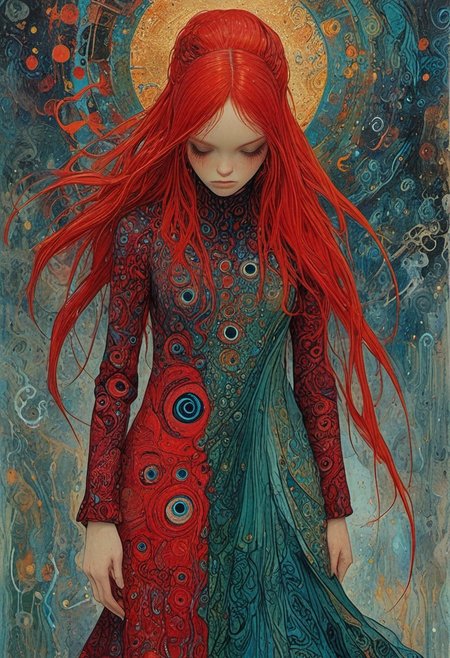 The composition includes evil female, red long dress, long red hair with glitter,  fashion photography painting, in the style of teal and gold. in the background, tintricate stunning highly detailed, abstract, trippy, 60s style, op art, dark blues and blacks, patterns, hypnotic, art by careening into peace.