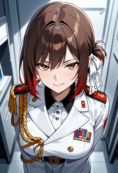 masterpiece, best quality, good quality, very aesthetic, absurdres, newest, 8K, depth of field,  
1girl,kyouko_fujibayashi, short brown hair, brown eyes, mole under mouth, large breasts, military uniform, red accents, standing in command room, confident smirk, looking at viewer, from front
BREAK
military base, white consoles, screens glowing
BREAK
anime style, vibrant colors, high contrast, dynamic light, sharp outlines, rich details