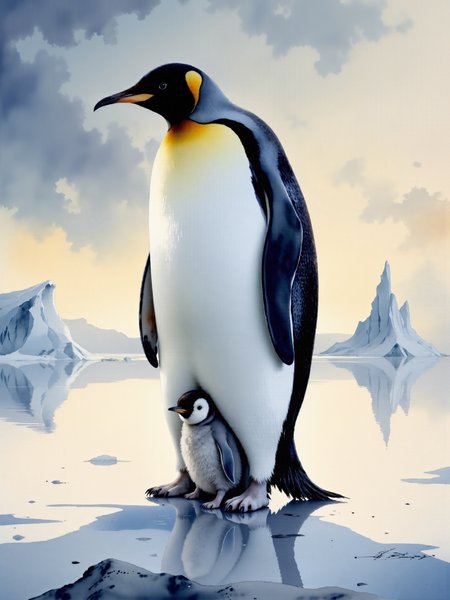realistic nature illustration, an intricately detailed watercolor painting of an emperor penguin standing tall on the icy antarctic landscape, its thick, sleek black and white feathers contrasting with the cold, blue-tinged surroundings, the penguin's regal posture emphasizes its role as a protective parent, peeking out from beneath the adult's warm belly is a downy, grey-feathered chick, its small, curious eyes gazing out at the world, nestled securely between the parentâs feet, the chickâs soft, fluffy down feathers are painted in delicate, pale grey tones, with subtle shading to capture its tender form, the protective bond between the two penguins is evident in the way the adult shields the young one from the harsh cold, in the foreground, the icy ground is depicted with soft washes of light blue, white, and hints of lavender, creating a cold, crisp feel, tiny cracks in the ice and snow-covered ridges add a sense of texture and realism, in the background, the antarctic horizon stretches out into the distance, fading into soft pastel tones of the sky where the sun hangs low, casting a gentle, golden glow over the frozen expanse, distant icebergs rise from the sea, their towering forms shimmering with pale blues and whites, the subtle blending of colors in the sky and ice enhances the peaceful, frigid atmosphere, the perspective is slightly below eye level with the adult penguin, allowing the viewer to feel immersed in the scene, as if they are crouching down at the chickâs level, observing the intimate moment between parent and child, the lighting is soft and natural, with the sunâs rays casting a warm glow on the penguinâs sleek feathers, contrasting with the cold blue of the icy landscape, the interplay of light and shadow adds depth and warmth to the scene, emphasizing the penguinâs nurturing presence, the watercolor technique is gentle and fluid, with soft, translucent layers building up the textures of the penguins' feathers and the icy environment, the delicate brushstrokes capture the smoothness of the adult penguinâs sleek plumage and the softness of the chickâs down, the overall mood is serene and heartwarming, dramatic sky, <lora:style-watercolor_painting-variant_2-flux-by_adel_ai:1.4> <lora:image_enhancer-flux-by_dever:0.6>