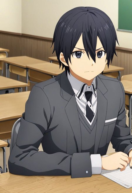 high resolution, professional photography, best quality, 1Boy, Kirigaya Kazuto, Black Hair, Black Eyes, overalldetail, classroom, school, school uniform