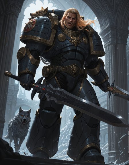 masterpiece, best quality,high quality, newest, highres,8K,HDR,absurdres, dynamic angle, realistic, 1boy, iLLemanR40K, solo, fangs, beard, wolf motifs, power armor, determined eyes, holding a sword, in a palace  <lora:iLLemanR40K:1>