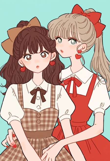 score_9, score_8_up, score_7_up, score_6_up, source_anime, <lora:rikuwo_v0.3-pony:1>
long hair, looking at viewer, bangs, multiple girls, simple background, brown hair, shirt, dress, bow, ribbon, 2girls, twintails, brown eyes, jewelry, white shirt, upper body, ponytail, short sleeves, hair bow, heart, earrings, parted lips, puffy sleeves, collared shirt, nail polish, red bow, puffy short sleeves, grey eyes, plaid, neck ribbon, blue background, red dress, red nails, bright pupils, pinafore dress, brown dress, heart earrings, aqua background, brown bow, plaid dress, hand on another's arm