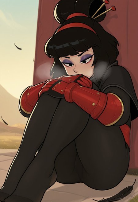 blushmallet,  outdoors, undershirt, falling feathers, black bodysuit, hair stick, hugging knees, knees to chest, gauntlets, eyeshadow, red gloves, two sides up, black capelet, red hairband, black eyes, 1girl, solo, feet, visible breath, dynamic angle, foreshortening, smell, steam,