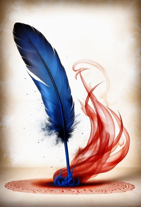 mysterious phoenix feather gliding through the air, feather dissolving into smoke, single drop of deep blue ink dropping from the tip of the feather into a half full ink pot while an old piece of aged paper scroll with beautiful writing and burning edges is hovering in the middle of it all, lightrays backlighting glorious feather, burning paper scroll dissoliving into smoke, lightrays backlighting smoke, fading blue red background, by Minjae Lee, Carne Griffiths, Emily Kell, Steve McCurry, Geoffroy Thoorens, Aaron Horkey, Jordan Grimmer, Greg Rutkowski, amazing depth, double exposure, surreal, geometric patterns, intricately detailed, bokeh,  perfect balanced, deep fine borders, artistic photorealism , smooth,  great masterwork by Suiras  <lora:add-detail-xl:2>  <lora:Double_Exposure:0.5>
