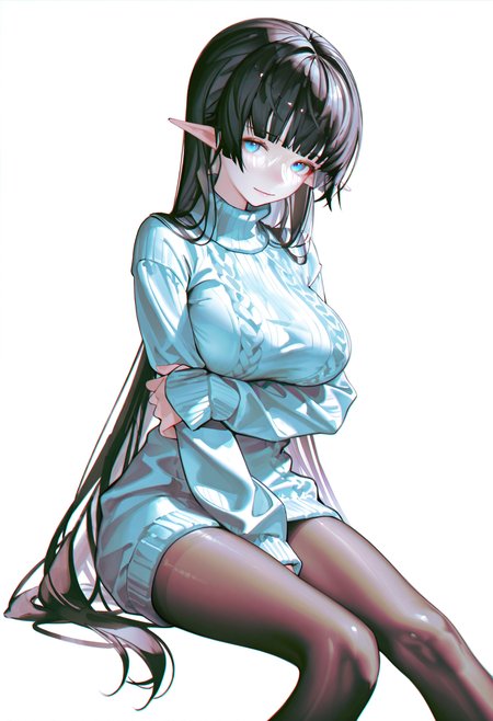 <lora:iumu_kam-illustriousXL_v01_V1-CAME-000035>, iumu_kam, 1girl, solo, long hair, black hair, sweater, pantyhose, blue eyes, white background, blue sweater, turtleneck, breasts, simple background, very long hair, sitting, turtleneck sweater, looking at viewer, smile, between legs, black pantyhose, hand between legs, invisible chair, dress, sweater dress, closed mouth, long sleeves, feet out of frame, blunt bangs, arm between legs, large breasts, ribbed sweater, cable knit, arm under breasts, aran sweater, straight hair, pointy ears, hand on own arm, sleeves past wrists, holding own arm