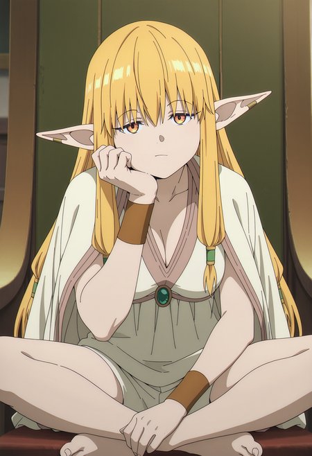1girl,solo,Serie,blonde hair,long hair,elf,pointy ears,breasts,anime coloring,
dress,jacket,shorts,barefoot,sitting,on chair,indian style, head rest, looking at viewer, indoors
,masterpiece,best quality,amazing quality,<lora:Serie-Sousou_no_Frieren:0.8>