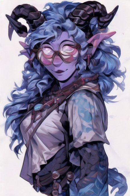 shy, purple skin winged tiefling nerd in glasses and  horns, She wears a pair of glasses, and her hair is styled in a bold, flowing style, full body, purple skin, tail