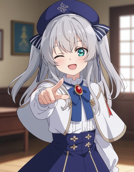 score_9, 1girl, solo,
claire, celia claire, aqua eyes, grey hair, long hair, two side up, small breasts, <lora:seirei_gensouki_-_ celia_claire:0.75>
blue headwear, beret, brooch, blue bowtie, white capelet, white shirt, long sleeves, high-waist skirt, blue skirt, 
looking at viewer, cowboy shot, pointing at viewer, hand up, pointing, index finger raised, 
blush, smile, one eye closed, ;d, open mouth, 
indoors, blurry background, depth of field,