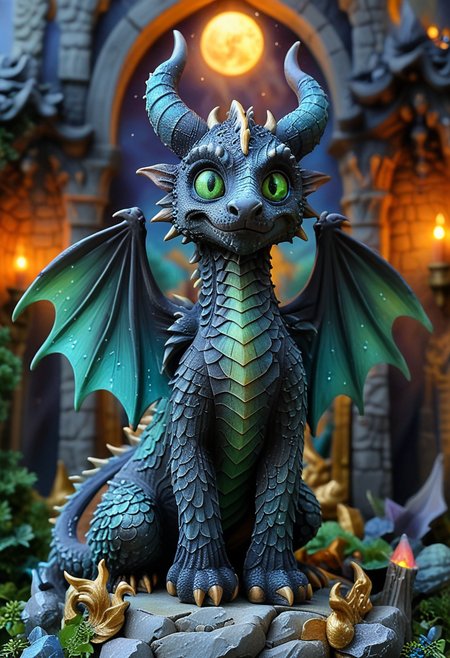 (medium full shot) of (majestic dragon) with green eyes, four-legged, obsidian black scales, iridescent scales, large bat-like wings, long horns, wearing a golden crown, set in  a majestic enchanted castle, with vast halls, enchanted artifacts, a sense of wonder and magic , under the moonlight,  Masterpiece,best quality, very aesthetic