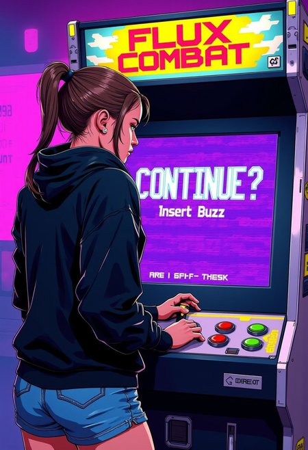 A medium shot of a female character being observed from behind as she stares at a video game machine in a dimly lit futuristic arcade. The machine has a joystick and 2 buttons: one red, one green. The girl, wearing a stylish black hoodie and denim shorts has an angry and frustrated look on her face.  Her skin reflects the glow of the machine. She has brown hair, carefully tied up in a ponytail. She's upset because she just lost in her video game. At the top of the video game machine is a bold title that reads, "FLUX COMBAT". The viewer is able to clearly see the text on the screen of the machine. It reads, "CONTINUE?" in large pixelated font on the top line. On the second line in smaller pixelated text, it clearly reads, "Insert Buzz". The image employs a vibrant, high-contrast color palette, heavily saturated with shades of purple, yellow, and blue, characteristic of comic book and cyberpunk aesthetics. Ensure the lighting draws attention to the character and the screen of the arcade machine.