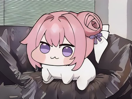 score_9, score_8_up, score_7_up, score_6_up, score_5_up, score_4_up,,  source_anime,,, ,
, BREAK, uncensored,
 <lora:810iv:1>, 810interview, ,sitting, solo, indoor,  silver couch, againist window shade, window shade,
1girl,
<lora:Doro_X_PDXL_V1:1>,doro, creature, chibi, :3,pink hair, purple eyes, hair bun, hair bow,
looking right,