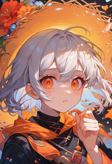 score_9, score_8_up, score_7_up, Expressiveh, ultra detailed, one cute girl, solo, gray hair, 2 strands of hair in front of face, prefect face, orange eyes, white orange and black kimono, straw hat, kazuha, forest,<lora:Expressive_H:0.8>, <lora:c0l0urc0r3XLP2:0.7>, <lora:StS_detail_slider_v1:2>