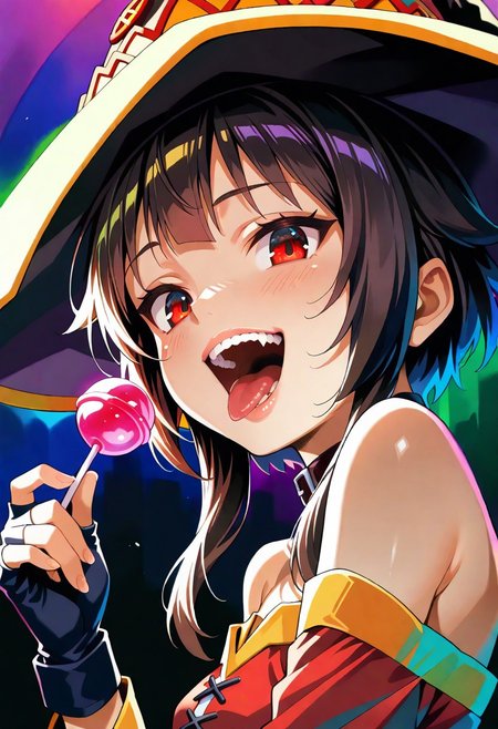 1girl, Megumin, bare shoulders, teeth, lips, thin lips, narrow mouth, solo, looking at viewer, open mouth, holding lollipop, chupa chups, upper body, from below, back lighting, dark, multicolored background, colorful, masterpiece, best quality, grin, greed on his face, his tongue sticking out, a little steam from the mouth