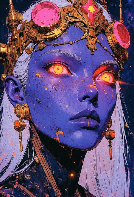 A detailed close-up of a woman's face, with pale blue skin and ethereal white hair. She has glowing, iridescent pink eyes that seem to shimmer with cosmic energy. Her skin is speckled with tiny, glowing particles that resemble stars. She wears an ornate golden crown adorned with large, glowing magenta gems and intricate golden details, each gem reflecting the glowing light from her eyes. Her lips are glossy and dark, a deep, shiny shade of blue, while her expression is calm and otherworldly.  The image is set against a deep starry night sky, with flecks of light mimicking distant stars, creating a cosmic and surreal atmosphere. The style is highly detailed, with a digital art feel, using a vibrant palette of purples, blues, and glowing pinks. Soft, dreamlike lighting enhances the mysterious and celestial mood of the image.  <lora:CPA:0.83> <lora:Luminous_Shadowscape-000016:0.63> <lora:RetroAnimeFluxV1:0.53> <lora:FLUX-daubrez-DB4RZ:0.33> DB4RZ, DB4RZ style painting,