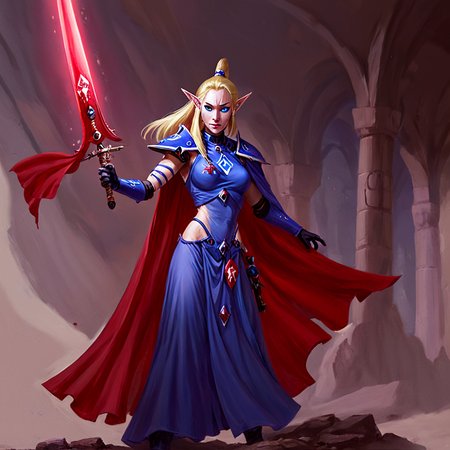 <lora:aeldari_xl_6:1>aeldari, asuryani, stadnart aeldari, aeldari's cape, aeldari's shoulder armor, 1girl, solo, long hair, blue eyes, blonde hair, gloves, dress, medium breasts, weapon, pointy ears, sword, cape, glowing, red dress, flag, glowing weapon