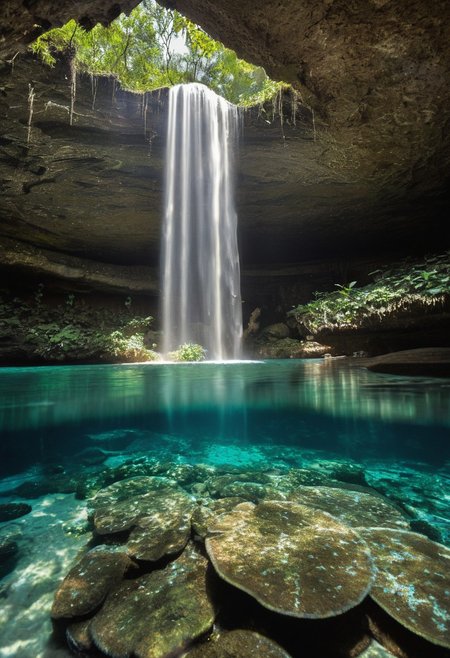 A hidden cenote in the heart of a lush jungle beckons with crystalline turquoise waters. Vibrant emerald vines cascade down weathered limestone walls, their tendrils barely kissing the water’s surface. Shafts of golden sunlight pierce through a natural skylight above, creating a mystical interplay of light and shadow on the cavern walls. Iridescent butterflies flit between exotic orchids clinging to rocky outcrops. A partially submerged Mayan ruin, its intricate carvings softened by time, stands as a silent sentinel at the water’s edge. Schools of tiny silver fish dart through the crystal-clear depths, their scales glinting like underwater stars. At the far end of the cenote, a small waterfall tumbles melodiously into the pool, its mist creating ephemeral rainbows in the dappled light.