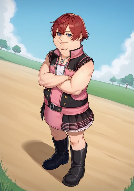 score_9, score_8_up, score_7_up, source_anime, rating_safe, , anime screencap,4k, HD, 8k, highres, BREAK, 1boy, solo,
<lora:Kairi:.8>,  kairi, blue eyes, zipper, jewelry, boots, dress, necklace, short hair, red hair, pink dress, zipper pull tab, pleated dress, short dress,
<lora:PeterGriffin_iamkowai_PXL_Leaf1-10:1>, Peter Griffin, 1boy, fat,
dutch angle,
smile, crossed arms, 
looking at viewer, standing,
cowboy western, wild west, dirt path, old west town,