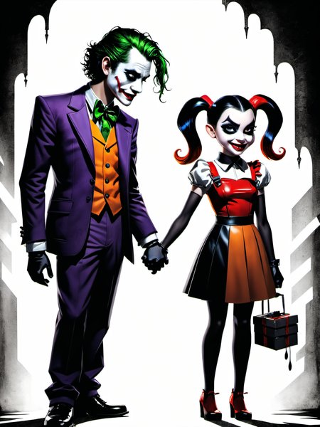 bold artwork,creative use of shadows and textures to create an image using negative space,masterful use of limited colors to create an image of bold contrasts,inventive and whimsical use of camera angles to give new perspective to illustration,"the joker and harley quinn holding hands",1boy,1girl, Ultra-HD-details, glow effects, godrays, Hand drawn, render, 8k, octane render, cinema 4d, blender, dark, atmospheric 8k ultra detailed, cinematic, Sharp focus, big depth of field, Masterpiece, 3d octane render, 8k, concept art, trending on artstation, hyperrealistic, extremely detailed CG unity 8k wallpaper, trending on CGSociety, Intricate, High Detail, dramatic