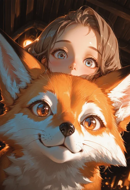 1girl, human, fox, fluffy, duo,
close-up, low angle, dutch angle, heads stack, looking at viewer,
large eyes, light blue eyes, eye reflection, wavy brown hair, forehead, eyebrows, peach skin, pink cheeks, pink nose,
orange and white fur, brown eyes, black nose, whiskers,
soft lighting, gentle light, warm lighting,
kind atmosphere, warm atmosphere, curious atmosphere,
innocence, gentle expression, curious expression,
masterpiece,best quality,amazing quality,
 <lora:GBF_Illustrious:0.5>, <lora:MoriiMee_Gothic_Niji_Style_Illustrious_r1:0.5>, <lora:Smooth Booster:0.5>, <lora:USNR STYLE_XL_loha:0.5>