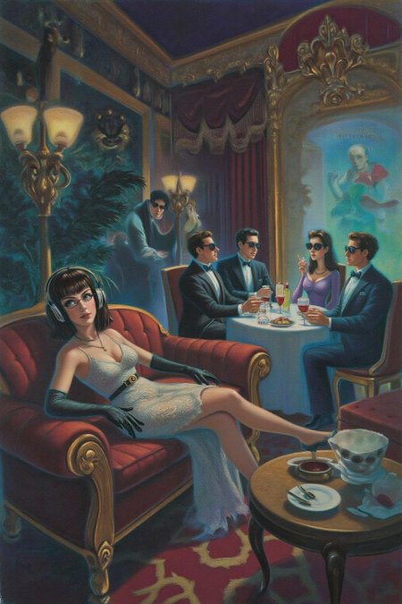 magr1 illlustration.
A luxurious, dimly lit lounge set in 1970s Italy, exuding vintage charm and opulence. A stylish young woman in a lace dress, wearing oversized headphones, lounges on a plush velvet couch with an air of cool detachment. She dons sleek black gloves, embodying the effortless glamour of the era. In the background, a group of fashionable, well-dressed people in tailored suits and cocktail dresses sit around a table, enjoying drinks and conversation, all wearing sunglasses. The room is adorned with ornate gold decor, rich velvet textures, and the warm glow of dim lighting, evoking the chic sophistication of Italy's high society in the 1970s. <lora:magr1_cap_d6a3e12:1.0><lora:828070257592697669:0>