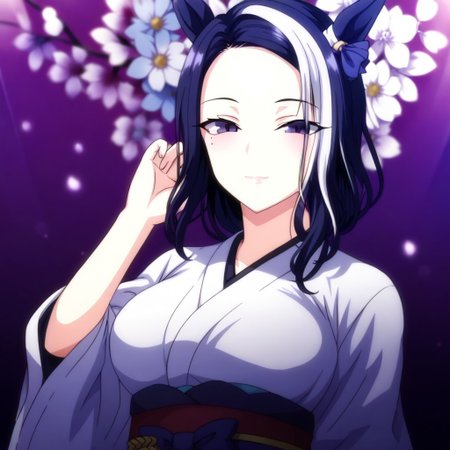 detailed background,  shiny skin, posing, rating safe,
rmnsd, horse girl, multicolored hair, streaked hair, ear ornament, mole under eye saimin.il,
saimin, tsubaki,  
clothed girl, kimono, 18 years old ,women,solo,1girl