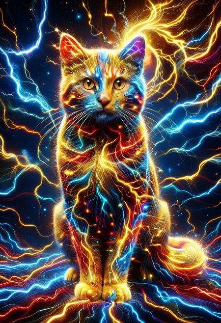 high quality, high resolution, extremely detailed,  lthndrtrl, animal focus, cat made of golden and blue and red and yellow and purple lightning thunder trails