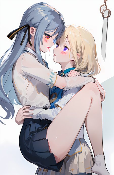 (drooling:1.2),(blush:1.3),(suspended congress:2),best quality,masterpiece,absurdres,2girls,yuri,from side,facing another,
looking at another,hug,bare legs,PIXIV,<lora:style-ç¾åè±å¼yuri Lora:0.5:lbw=0,0,0,0,0,0,1,1,0,0,0,0,0,0,0,0,0>,
ADDCOMM,
leg fold,thighs lift,
<lora:char-mygo_ä¸°å·ç¥¥å­togawa_sakiko_bangdreamitsmygo:0.7:lbw=0,0,0,0,0,0,0,0,1,1,1,1,0,0,0,0,0>,togawa_sakiko_bangdreamitsmygo,äºº-mygo-mygo_ä¸°å·ç¥¥å­togawa_sakiko_bangdreamitsmygo,embarrass,parted lips,shy,
yellow eyes,(black_ribbon:1.1),light blue hair,(ribbon:1.1),(hair_ribbon:1.1),long_hair,bangs,sidelocks,short socks,loafers,miniskirt,frilled shirt,flat chest,
ADDCOL,
standing,
<lora:char-mygoä¸è§åè¯ Misumi Uika (Bang dream! Ave Mujica):0.7:lbw=1,0,0,0,0,0,0,0,1,1,0,0,0,0,0,0,0>,
misumi uika,bright blonde hair,purple eyes,elder sister,
shorter hair,white shirt,dark yellow skirt,short sleeves,bare shoulders,flat chest,