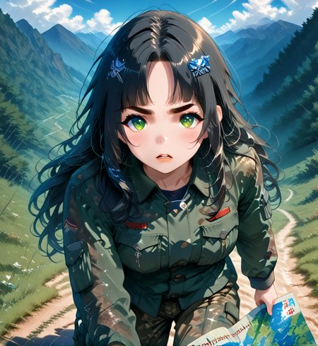 IllusP0s, PonyScores7, source_anime, ah1, IllustriousQual, interesting, exciting, spectacular, wonderful, amazing quality, absolutely eye-catching, 
BREAK <lora:xl_more_art-full_v1:0.2>, <lora:aesthetic_anime_v1s:0.2>, <lora:EpicF4nta5yXL:0.2>, <lora:detailxl:0.2>, detailxl, <lora:Fant5yP0ny:0.2>, amazing quality, best aesthetic, absurdres, illustration, Volumetric_Lighting, ultra-detailed, very aesthetic, intricate details, best_quality, <lora:Add_Details_v1.2:0.4>, <lora:quality_modifiers_masterpieces_v1:0.2>, <lora:ZootPonyAnime_V1_r2:0.2>, <lora:Bestifacator2:0.2>,
BREAK ((Walking along a path, holding a map, showing a sense of adventure and exploration,)),
BREAK Stable_Yogis_PDXL_Positives, AS-Adult, <lora:Complicated fantasy portrait - XL Pony V2.0:0.2>, bad-hands-5, <lora:HDA_Detailer:0.3>, <lora:natsumi_style:0.5>, <lora:by_usakun-pony:0.4>, by usakun, <lora:Akina_Bbw_Style_-_PonyXL:0.2>, AkinBw, ((sports photography, capturing the intensity of competition, dynamic action shots, showcasing athleticism, vibrant colors, storytelling through movement, immersive experiences, dramatic angles, unique perspectives, emotional moments, highlighting achievements, creative techniques, engaging visuals, powerful imagery, adrenaline-fueled moments, sportsmanship)),
BREAK 1girl, mature female, (curvy), round-chin, caucasian, <lora:ETO_OC_Illustrius:0.5>, eto_oc, skindentation, (plump), thick thighs, wide hips, busty, voluptuous, <lora:venus body PonyXL:0.3>, <lora:shinyskin2:0.2>, glistening skin, HDA_FatGirlXL, round ass, large breasts, <lora:plussizegirls_IL:0.3>, <lora:plussizegirls_pony:0.3>, <lora:perfection style:0.2>, perfection style, perfection, 
BREAK (((Army_green_cargo_jacket:1.5), (Camouflage_cargo_pants:1.4), (Combat_boots:1.3))),
BREAK (curly hair), long hair, (black hair:1.4), (parted hair:1.7), messy hair, kinky curls, <lora:hairdetailpxl:0.2>, hairdetailpxl,
BREAK (half green and brown eyes), (colorful eyes), (multicolored eyes), (downturned eyes:1.4), expressive eyes, <lora:perfect-eyes:0.4> perfecteyes , EyesHD, (round face:1.2), (thick eyebrows:1.3), (plump face), <lora:Round_face:0.2>, lips, <lora:DetailedEyes_xl_bdsqlsz_V1:0.2>, <lora:Eyes_Lora_Pony_Perfect_eyes:0.2>, <lora:focusoneyes:0.2>, <lora:cinematic eye color style illustrious v1:0.2>,
BREAK ((fearfully angry expression)), <lora:Expressive_H:0.2>, Expressiveh, <lora:Emotional_Anime_Expressions_PonyXL_Concept:0.2>, emotional, <lora:Best_Facial_Expression_LoRA_PONY:0.2>, looking at viewer, <lora:Detailed expressive EXEV style -XL Pony V1.0:0.2>, FaceDetail, <lora:Best_Facial_Expression_Helper_XTREME_ILLU:0.4>, kaogei,
BREAK (((backpacking in the mountains, majestic peaks))), <lora:Background Detailer - SDXL:0.8>, 4k, 8k, Ultra HD, Masterpiece, Best quality, Detailed background, <lora:Add_more_details_V2_XLpony:0.2>, full_details, <lora:background-type1:0.2>, <lora:Anime_Aesthetic_Wallpaper_StyleIllustriousXL:0.2>, aniwall,