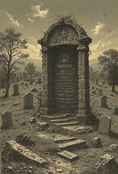 book cover title "Reusing Old Graves", detailed, 8k, <lora:cinexart:0.5>, <lora:wizards_vintage_romance:0.6>, <lora:Harrlogos_v1.1:0.8>,   <lora:tbh102-sdxl:0.4> <lora:sdxl:0.8> ascii_art