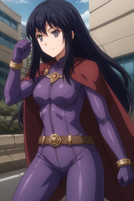 1girl, solo, ayamenb, black hair, long hair, black eyes, purple bodysuit, belt, cape, bracelets, outdoors, street, dynamic pose, serious, smile, superhero pose