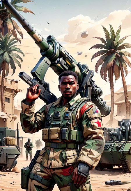 ((((outside))), day, (graphic novel style, dark novel style, 2d:1.5),(anime), (masterpiece:1.4), (colourful, soft cinematic light:1.1), incredibly lifelike, Extremely high-resolution details, 8k, best quality,extremely detailed, contrast, colorful,
shooting, ((aiming)), ((action pose)),
portable anti-aircraft missile system,  African soldier in military uniform holds a portable anti-aircraft missile system
palm trees,
courtyard inside the palace, sand, desert,
