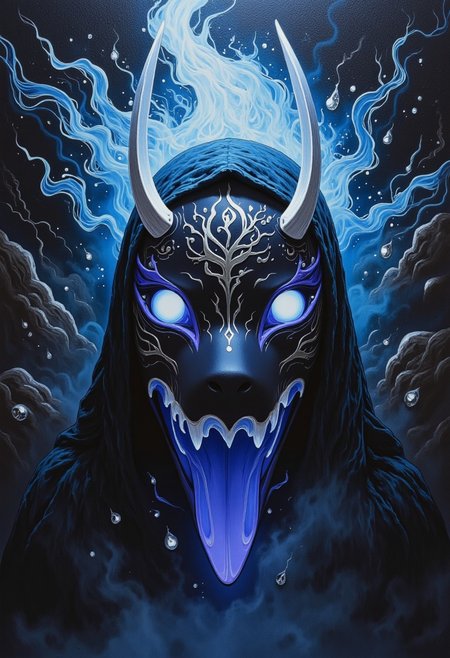 detailed painting depicting a haunted kitsune mask radiating an eerie aura