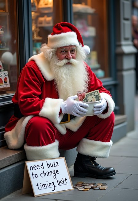 Santa Claus, sitting in the street, in front of a shop, begging. A white basin placed on the ground in front of him already contains a few coins and a bill. A sign placed next to it,, with the text "need buzz to change timing belt"