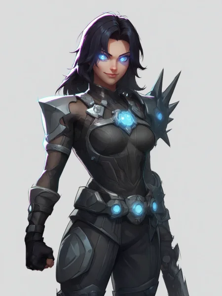 1girl, standing, looking at viewer, uncensored, score 9 up, score 8 up,
 <lora:Marvel_Rivals_Concept_Art_Style PonyXL:1>,holding weapon, glowing eyes, fingerless gloves, closed mouth, smile, medium breasts, black gloves, belt, short hair, jewelry, blue eyes, long hair, shoulder armor, clenched hand,
