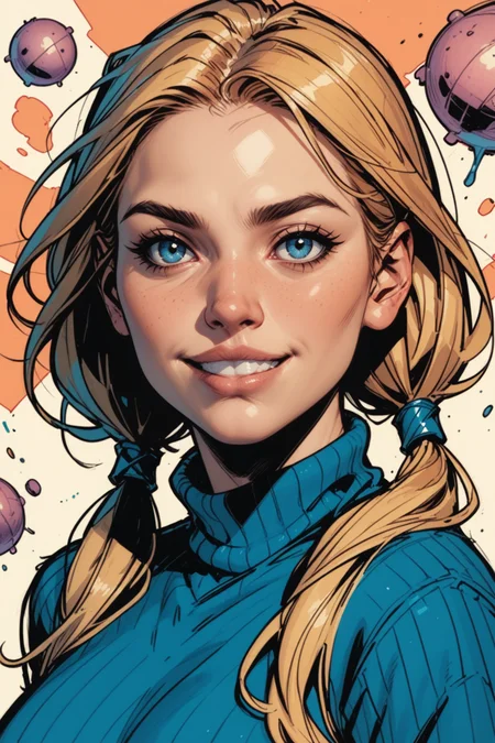 1girl, solo, sweater, blue eyes, twintails, blonde hair, looking at viewer, turtleneck, long hair, turtleneck sweater, smile, upper body, blue sweater, blurry, breasts, closed mouth, blurry background, low twintails, lips, medium breasts, depth of field, a_Comic_Illustration, rough lines with ink, (drawn:1.1), (sketch:1.5), (crosshatching:1.25), (comic style:1.1), graphic novel style, sharp lines, hires, zstyle, (western comics \(style\):1.1), (hatching \(texture\):1.2), zPDXL, Mr_Monster_Possitive, <lora:Expressive_H:0.5>, score_9, score_8_up, score_8_up,