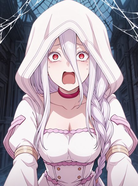 masterpiece, best quality, amazing quality, very aesthetic, absurdres, newest, ,  anime screenshot,   <lora:ShiraoriKumo:1>shiraoriillust, 1girl, long hair, solo, braid, choker, breasts, hood, dress, hair between eyes, single braid, looking at viewer, white dress spider web,  red eyes,  <lora:meme_aquascreaming_illustriousXL:1>aquascreaming, open mouth, tears, parody