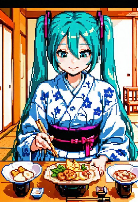 masterpiece, best quality, newest, absurdres, highres, detailed eyes, beautiful, detailed background, perfect eyes, 
BREAK 
1girl,
hatsune miku,
anime screenshot, anime coloring, flat color,
smile,
BREAK 
solo, 
heyashoku,food, table,yukata,
chopsticks, 
front view,
looking down