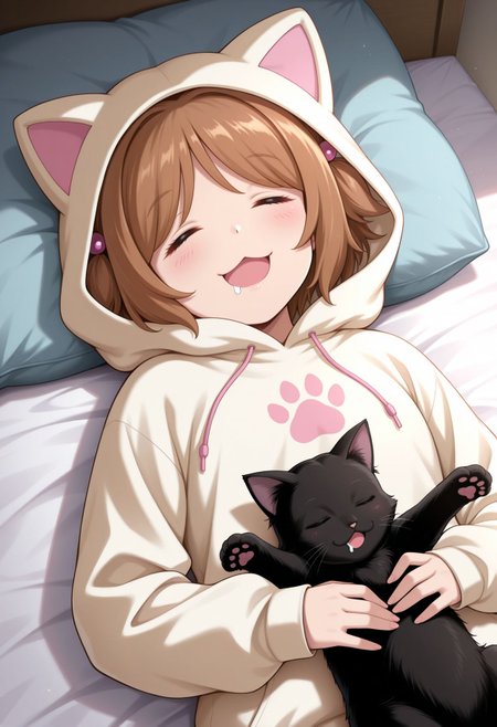 masterpiece,best quality,absurdres,highres,very aesthetic,high quality,detailed,insanely detailed,beautiful,perfect lighting,
<lora:Yuko illu:1> 1girl, black cat, animal hood, brown hair, closed eyes, open mouth, lying, on back, sleeping, hair bobbles, hair ornament, smile, blush, drooling, :3, animal ears, hoodie, paw print, holding, short hair, hood up, cat hood, long sleeves